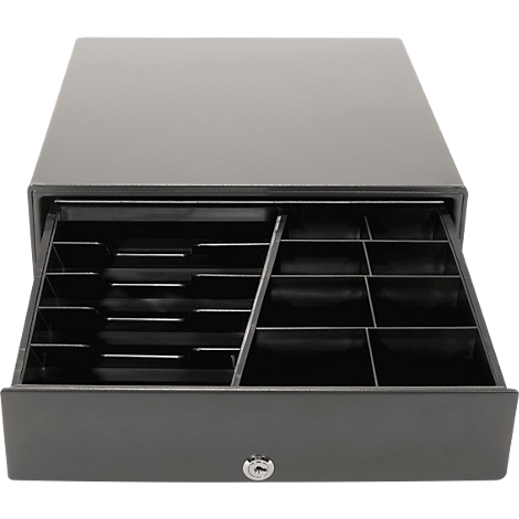 An open black cash register drawer with various compartments and a lock on the front.