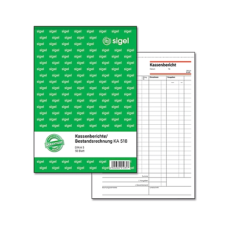 A green package of Sigel brand cash reports and a cash report sheet.