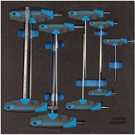 Boîte à outils avec clés Torx. Poignées grises/bleues, outil argenté. Texte "GEDORE".