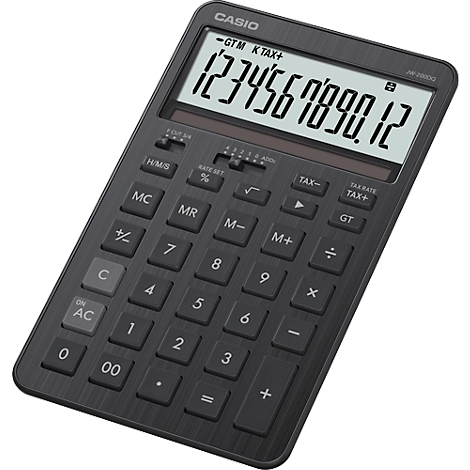 Donkergrijze rekenmachine met witte display, cijfers. Toetsen gelabeld, CASIO logo. Op display: 1234567890.12.