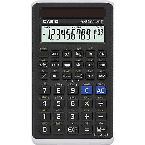 A black Casio calculator with white keys, and a digital display showing numbers.