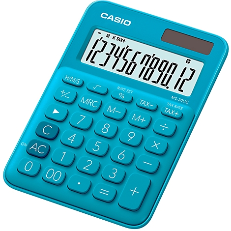 Turquoise calculator with white buttons and display, showing numbers.