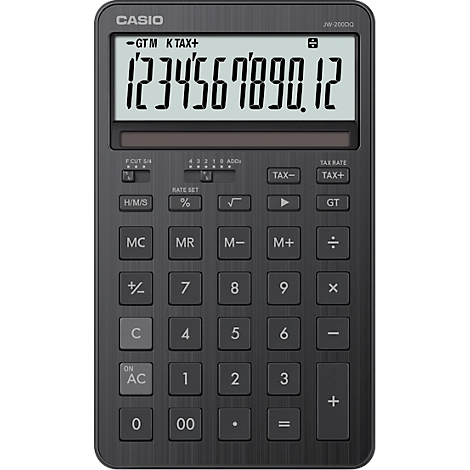 Dunkelgrauer Casio-Taschenrechner mit Ziffernanzeige: 1234567890.12. Viele Tasten mit Beschriftung.