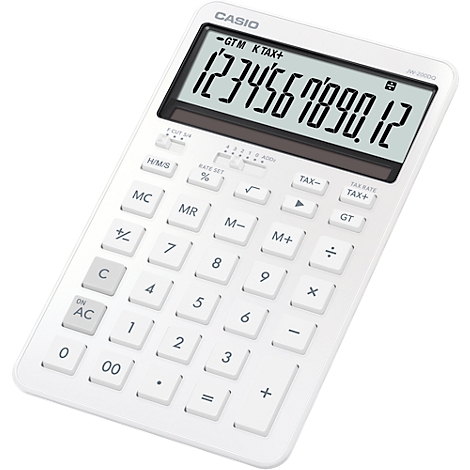 Weißer Taschenrechner von Casio mit Anzeige von 1234567890,12. Der Rechner hat viele Knöpfe, die beschriftet sind.