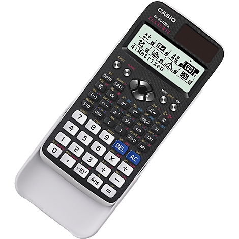 Ein schwarzer Taschenrechner von Casio mit weißem Schutz, Display mit Text und Symbolen.
