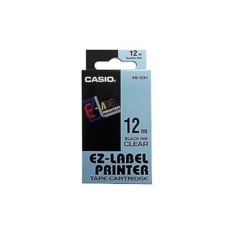 Verpackung einer transparenten Casio Beschriftungsbandkassette XR-12X1, 12mm Breite, schwarze Schrift.