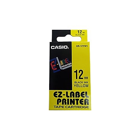 Gelb-schwarze Verpackung einer Casio Beschriftungsbandkassette XR-12YW1 für Etikettendrucker.