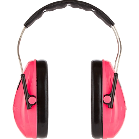 Cache-oreilles rose vif avec bord et serre-tête noirs, sur fond blanc.