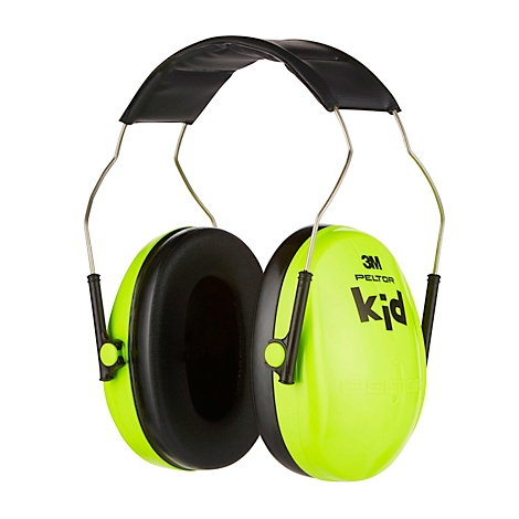 Protection auditive vert vif avec bandeau noir. Le mot 'kid' est visible sur les coquilles.