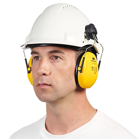 Casque antibruit jaune avec coussinets noirs. Suspension métallique.