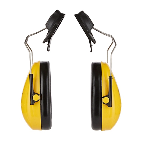 Protection auditive jaune et noire sur fond blanc.