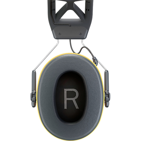 Un casque antibruit jaune et gris avec la lettre "R".
