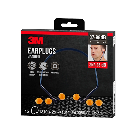 Protection auditive avec monture bleue et bouchons d'oreille orange, sur fond blanc.
