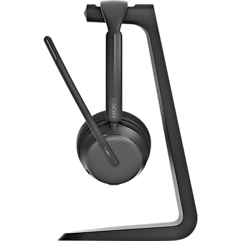 Casque gris foncé avec microphone sur un support. Le casque est étiqueté 'EPOS'.