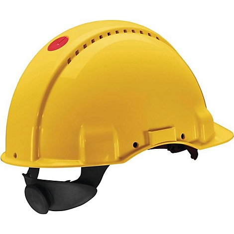 Casque de chantier jaune avec bouton rouge, vue latérale. Le casque a des fentes d'aération et une jugulaire noire.