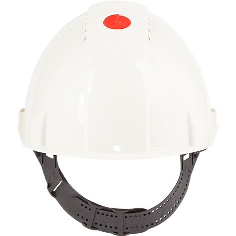 Casque de sécurité blanc avec mentonnière. Il y a un bouton rouge sur le dessus. L'image montre le casque de face.
