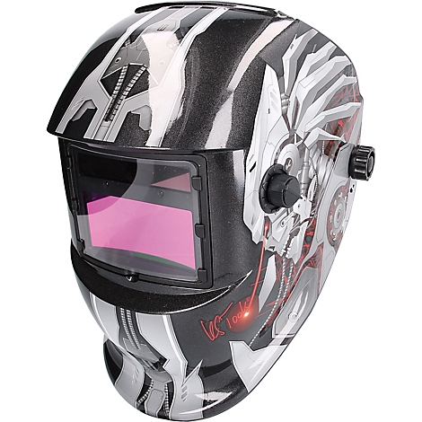 Casque de soudage avec motif de robot en noir, argent et rouge. La visière est rose.