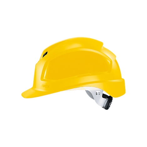 Casque de sécurité jaune, vue latérale de face. La jugulaire et la nuque sont blanches.