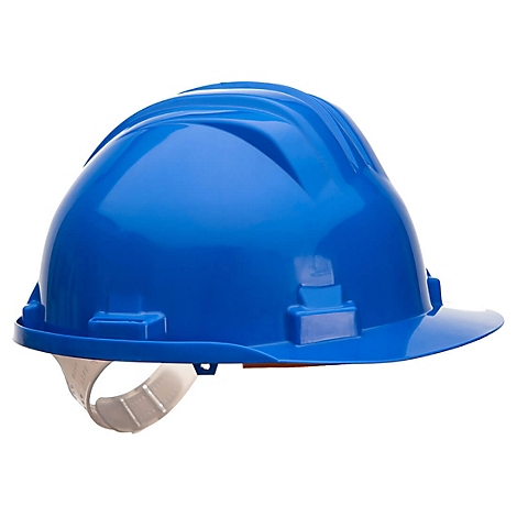 Casque de chantier bleu sur fond blanc. Sa forme est aérodynamique et protectrice.