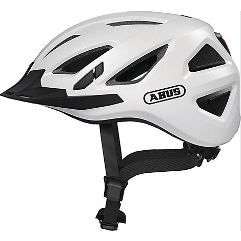 Casque de vélo blanc avec visière et mentonnière noire, logo ABUS.