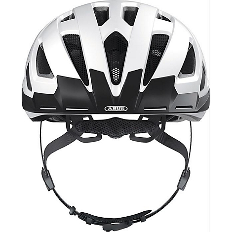 Casque de vélo blanc et noir. Le logo ABUS est visible.