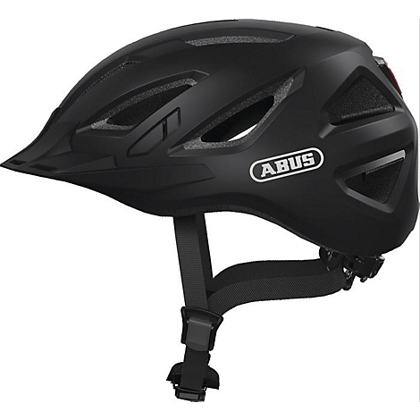 Casque de vélo noir avec visière, marque ABUS, détails comme les ouvertures de ventilation et la jugulaire.