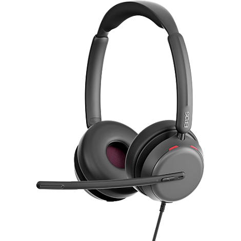 Casque gris foncé avec microphone. Le logo 'EPOS' est visible sur les oreillettes.