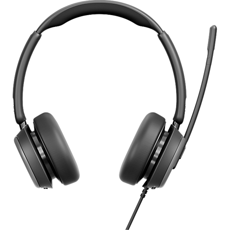 Casque noir avec serre-tête et microphone, câble. Le produit est présenté en gros plan.