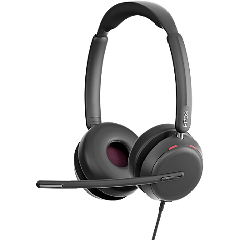 Casque noir avec microphone, écouteurs avec doublure intérieure rouge, logo EPOS.
