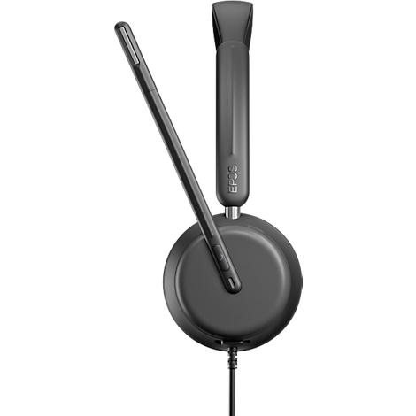 Casque gris foncé avec microphone, câble et logo EPOS.
