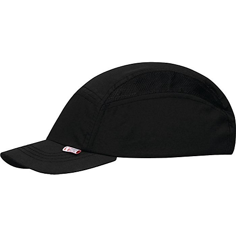 Casquette de sport noire avec visière. Petit logo sur le bord. Tissu en maille à l'arrière.
