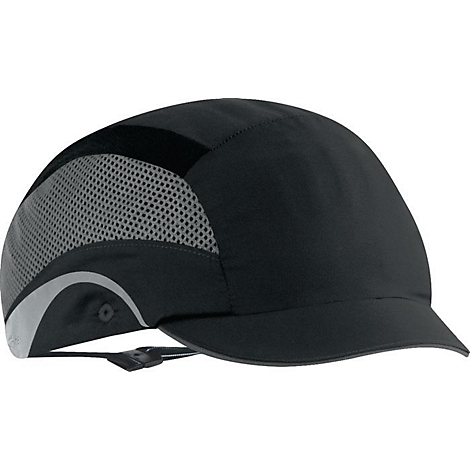 Casque de sécurité noir avec visière. Insert en maille sur le côté et éléments réfléchissants.