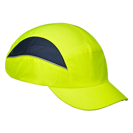 Casquette de sécurité jaune avec insert en maille bleue.
