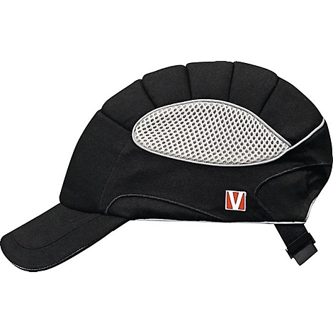 Casquette de protection noire, rembourrée avec visière et filet, logo rouge.