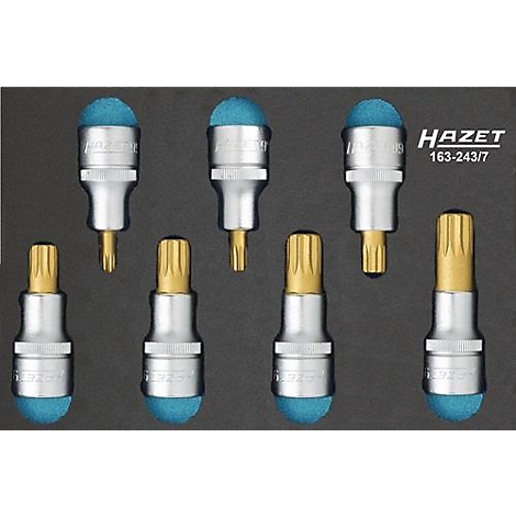 Sept accessoires d'outils avec têtes bleues et tiges argentées sur fond gris. Texte : HAZET 163-243/7.