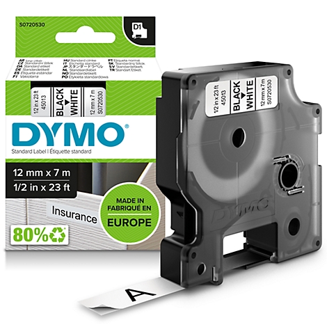 Étiqueteuse DYMO noire. Texte : "La meilleure façon d'étiqueter". Textes supplémentaires : "Matériau recyclé", "Emballage certifié FSC".