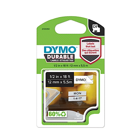 Emballage d'étiquettes DYMO Durable vertes et blanches avec description du produit et texte en anglais et en français.