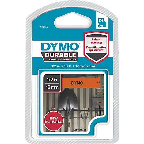 Emballage d'étiquettes DYMO Durable. Emballage bleu et blanc avec étiquette orange, texte : DYMO, DURABLE. Ci-dessous, une bêche est représentée.