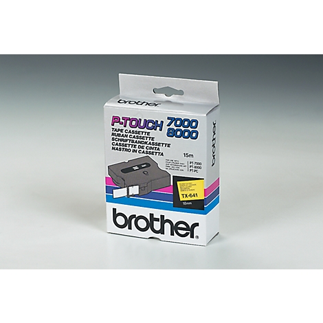 Une boîte de cassette d'étiquettes Brother P-Touch 7000/8000. Inscription : Brother P-Touch, TX-641. Sur fond blanc.