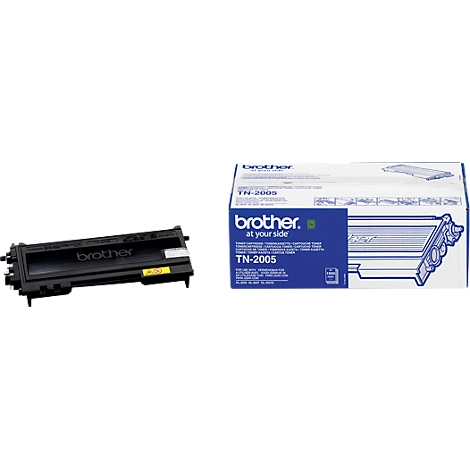 Cartouche de toner et emballage Brother. Toner noir, emballage bleu avec désignation du produit TN-2005.
