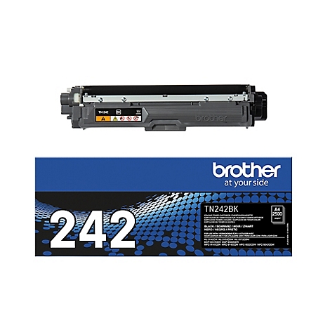 Cartouche de toner noire Brother TN242BK et sa boîte sur un fond blanc.
