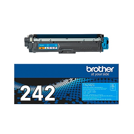 Toner Brother TN242C cyan avec son emballage d'origine sur fond blanc.