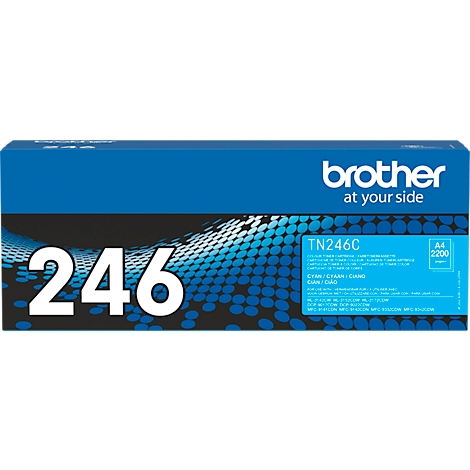 Boîte d'accessoires d'imprimante Brother bleue. Inscription blanche 246. À droite, la note TN246C. Logo Brother at your side.