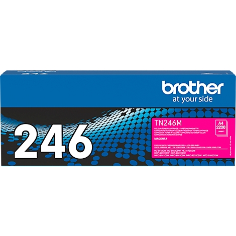 Cartouche d'imprimante Brother, design bleu et blanc, avec TN246M et magenta.