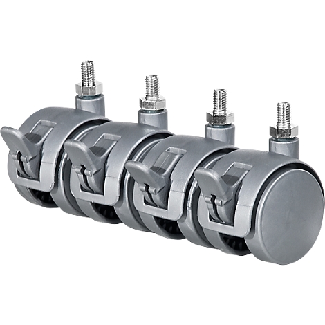 Four gray casters with locking levers and bolts. The casters are arranged at a slight angle.