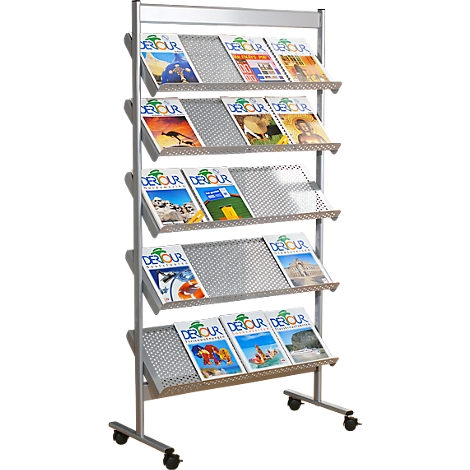 A silver magazine rack on wheels, filled with brochures. The brochures are titled "Detour".