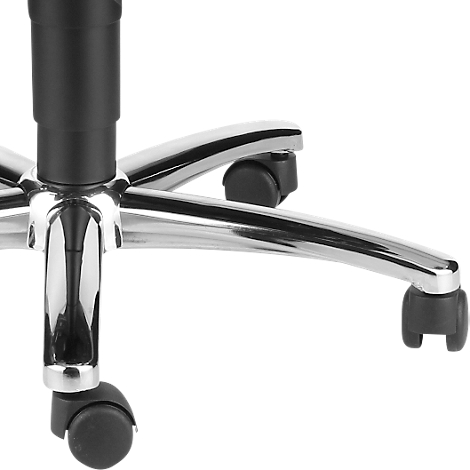 Close-up of the underside of an office chair. Chrome-plated base, black castors, black column.