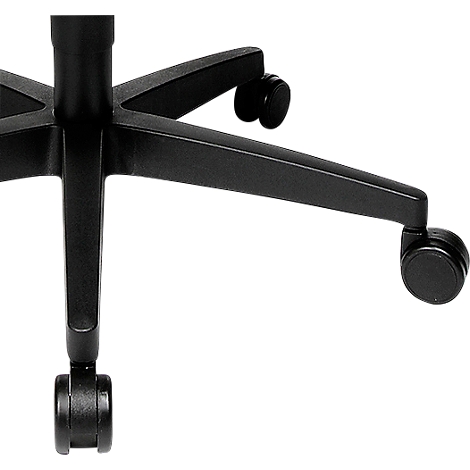 Close-up of the base of a black office chair. The base is star-shaped, with wheels at the ends.