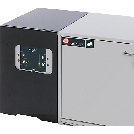 Black and grey cabinet with control panel and labels.