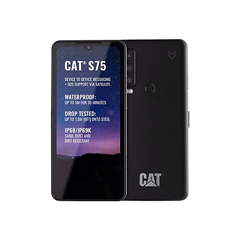 Schwarzes CAT S75 Smartphone. Eigenschaften: Wasserdicht, stossfest, staubresistent. Auf dem Display Text: CAT S75.